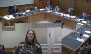 Alice Wade testifying in front of the Senate Judiciary committee on January 16th against SB 562, a bill which allows the state, public, and private entities to discriminate against transgender people in restrooms, prisons, and athletic teams. (Alice Wade/NH Senate Livestream)